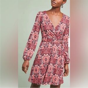 Maeve Anthropologie Paisley Print Metallic Knit Belted A Line Dress Size L